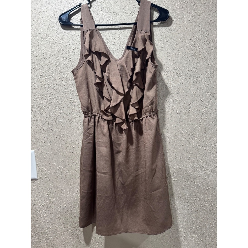 Rachel Kate Women Ruffle V-Neck Sleeveless Mini Dress Taupe Brown Elastic Waist